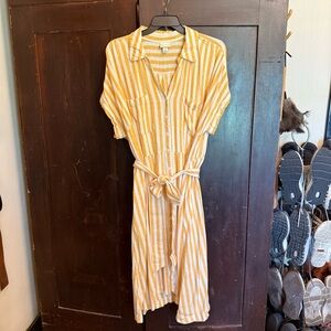 Yellow and White Buttoned Tie Front Midi Sundress